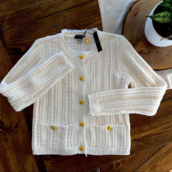 Tahari White Cardigan Sweater Gold 